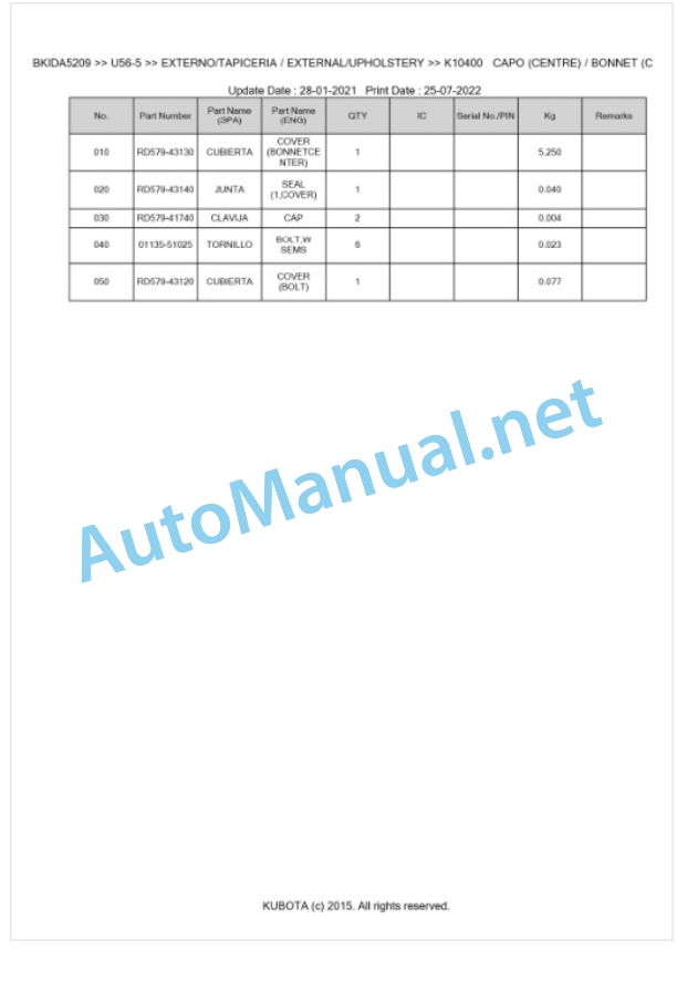 Kubota U56-5 Parts Manual PDF BKIDA5209-5