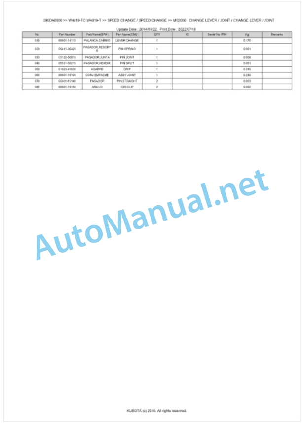 Kubota W4019-TC, W4019-T Parts Manual PDF BKIDA0006-4