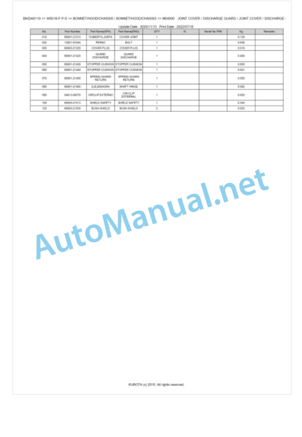 Kubota W5019-P P-S Parts Manual PDF BKIDA0110-4