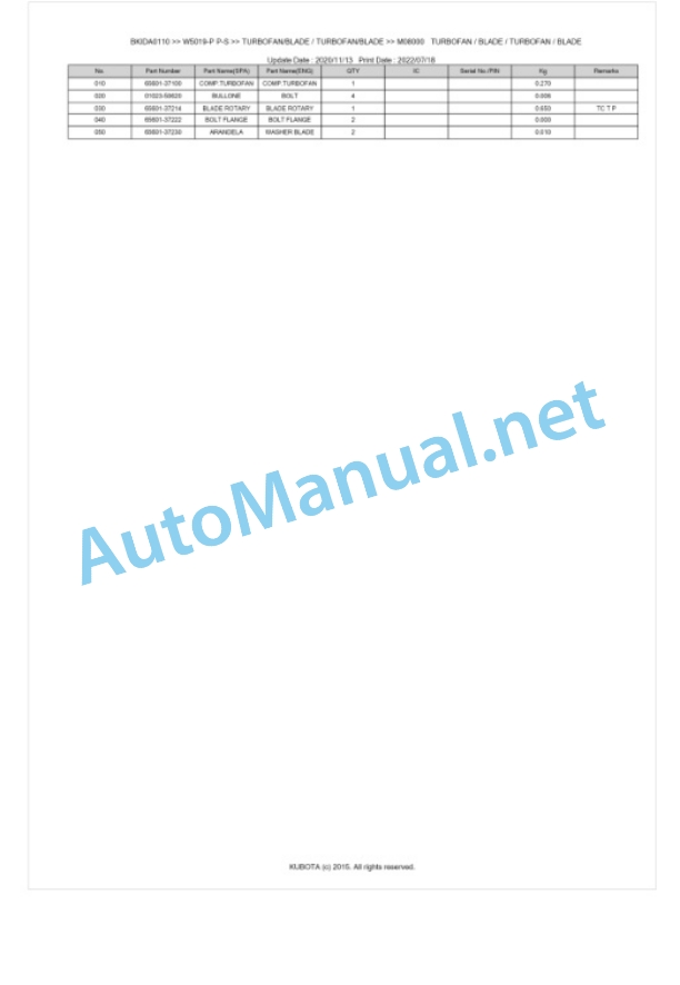 Kubota W5019-P P-S Parts Manual PDF BKIDA0110-5