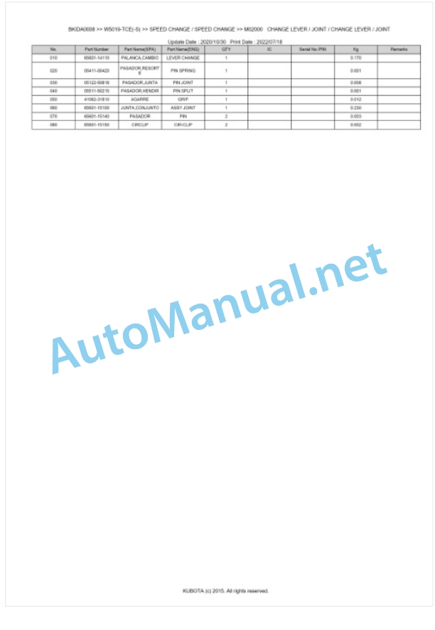 Kubota W5019-TCE(-S) Parts Manual PDF BKIDA0008-3