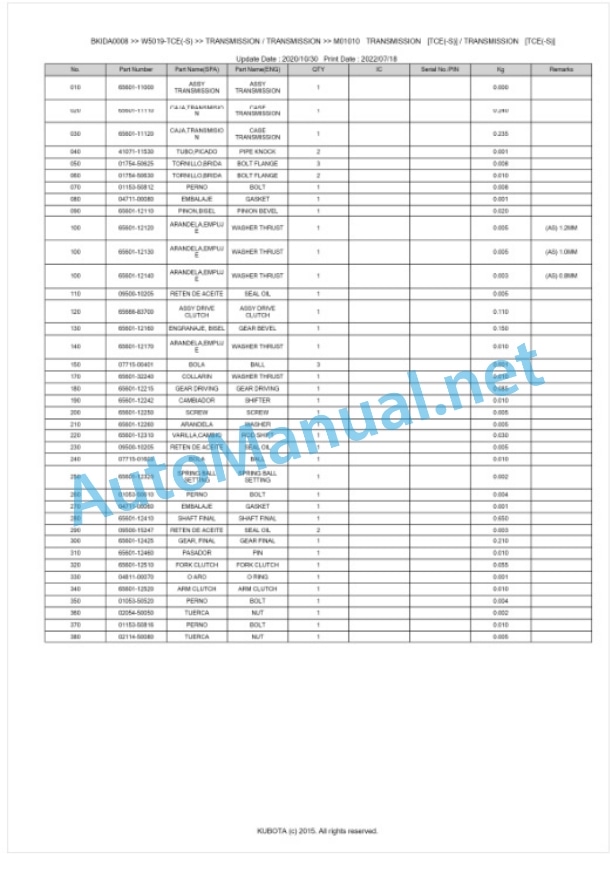 Kubota W5019-TCE(-S) Parts Manual PDF BKIDA0008-4