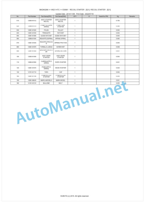 Kubota W521-HTC Parts Manual PDF BKIDK0266-3