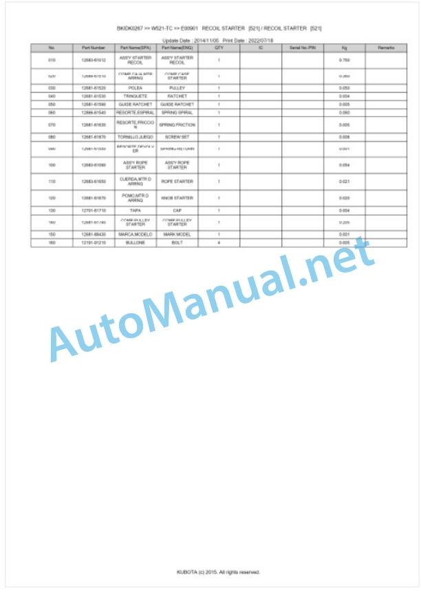 Kubota W521-TC Parts Manual PDF BKIDK0267-3