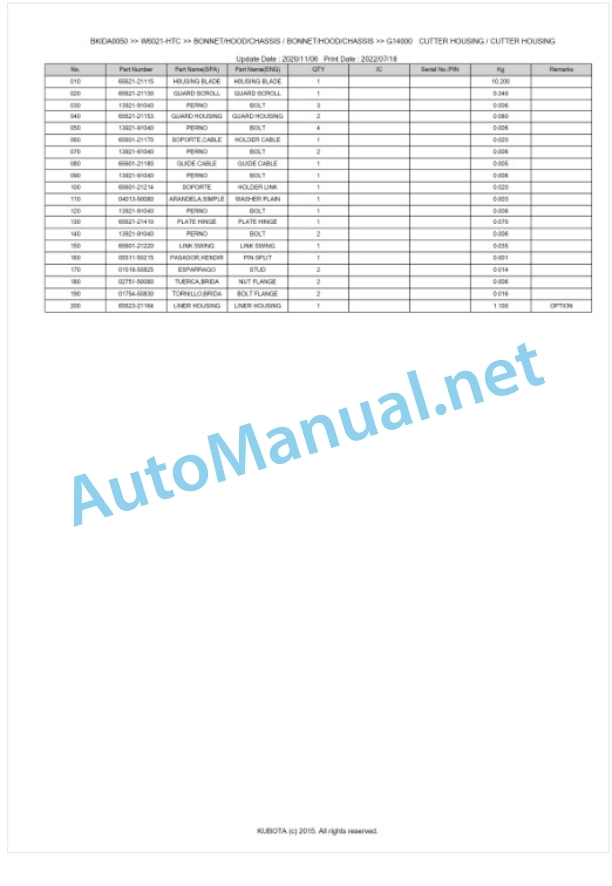 Kubota W6021-HTC Parts Manual PDF BKIDA0050-4