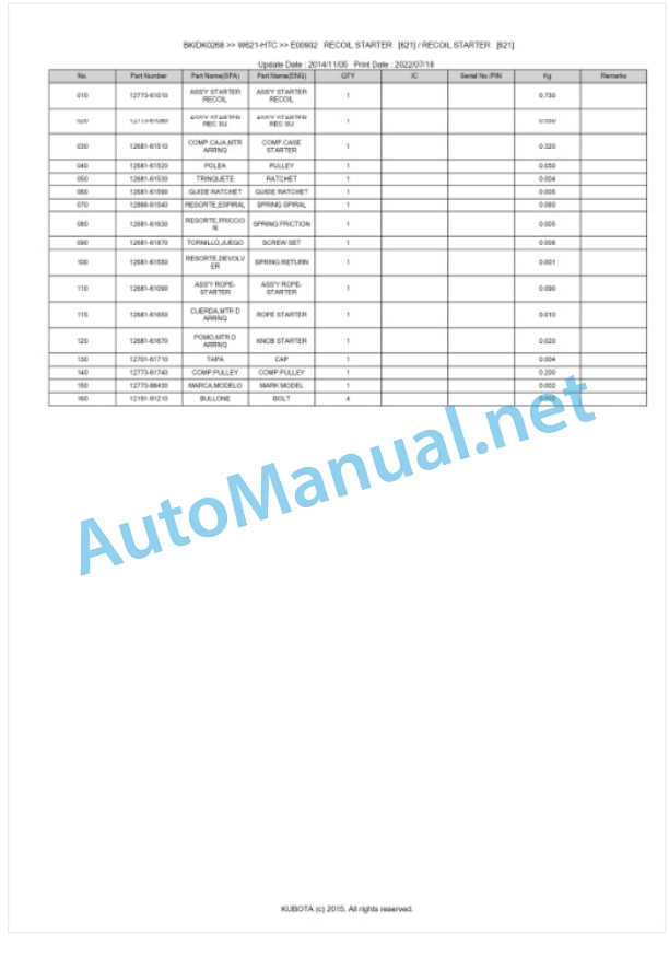 Kubota W621-HTC Parts Manual PDF BKIDK0268-3