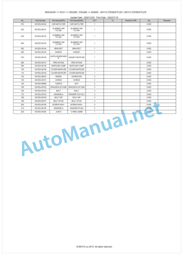 Kubota W721 Parts Manual PDF BKIDA0397-3