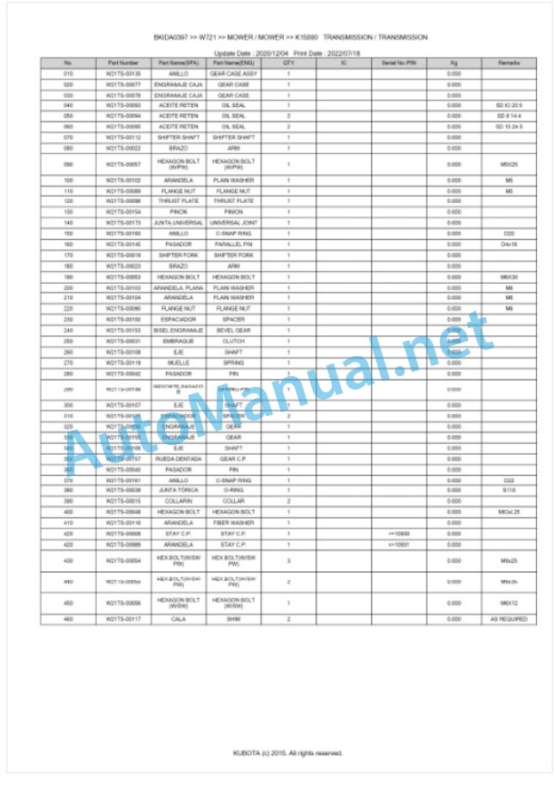 Kubota W721 Parts Manual PDF BKIDA0397-5