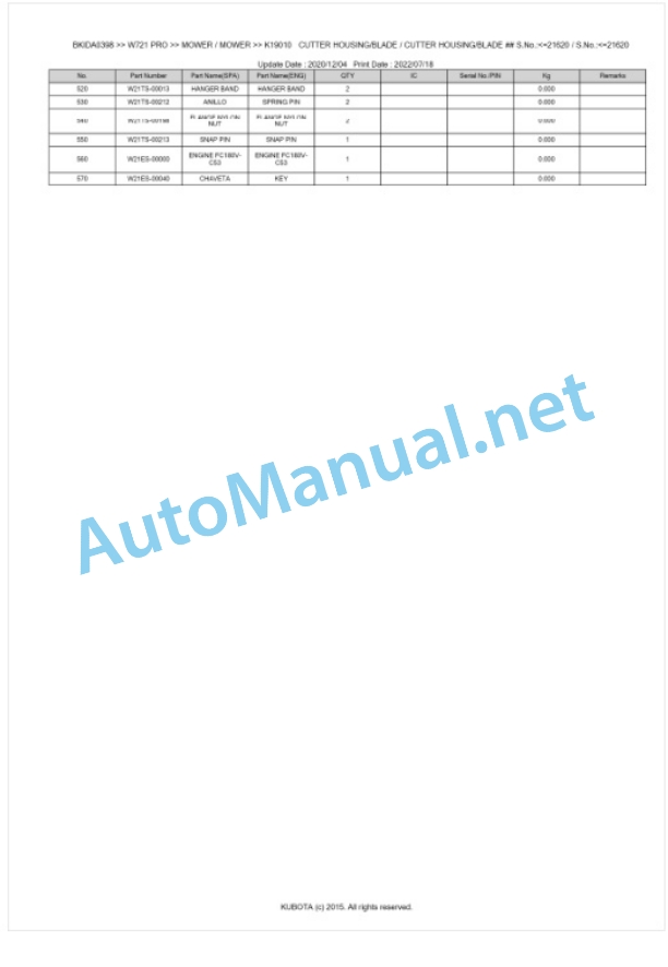 Kubota W721 PRO Parts Manual PDF BKIDA0398-4