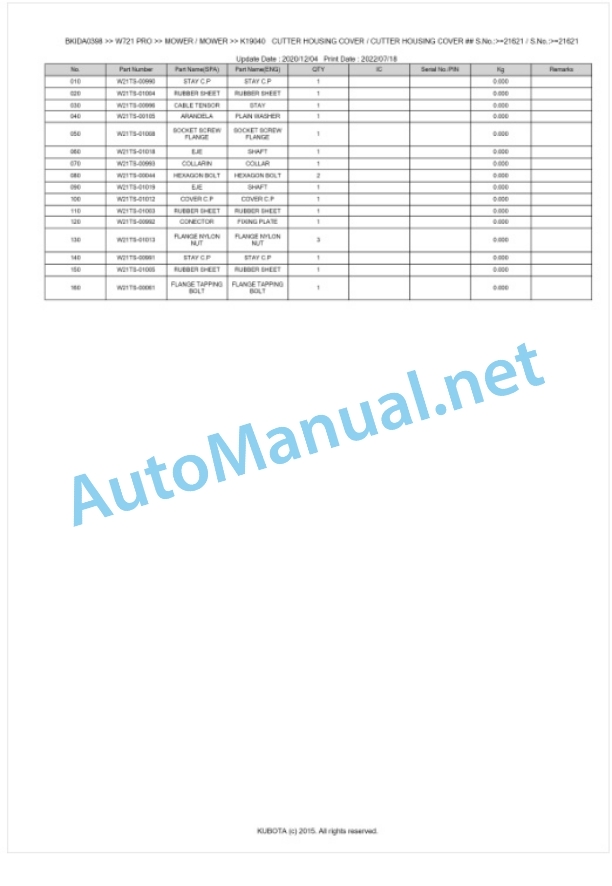 Kubota W721 PRO Parts Manual PDF BKIDA0398-5