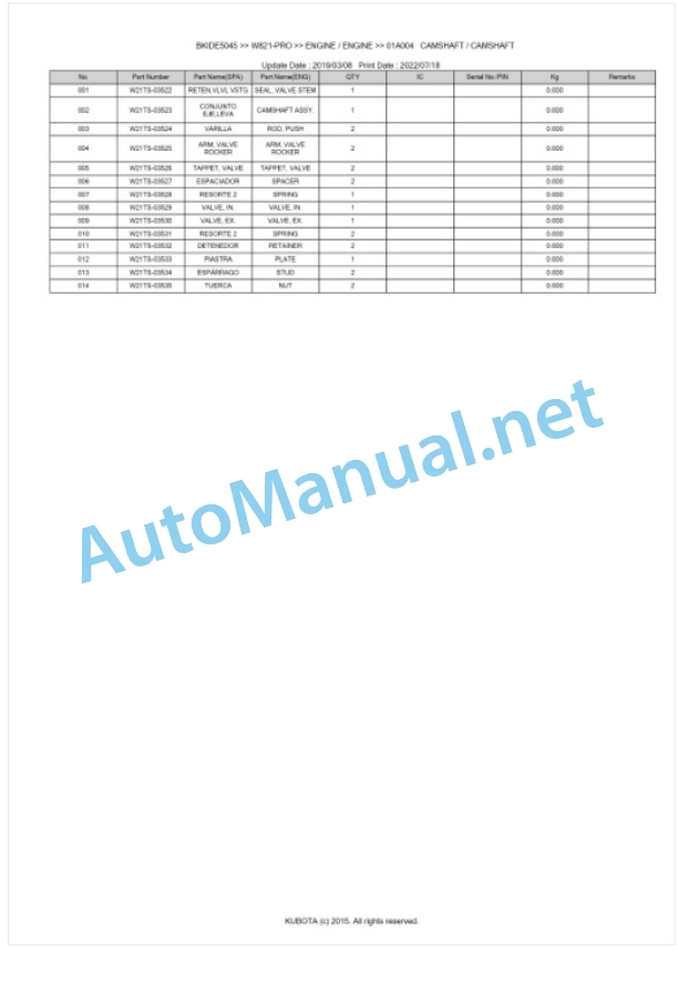 Kubota W821-PRO Parts Manual PDF BKIDE5045-2