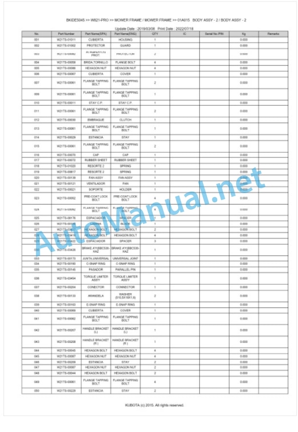 Kubota W821-PRO Parts Manual PDF BKIDE5045-5