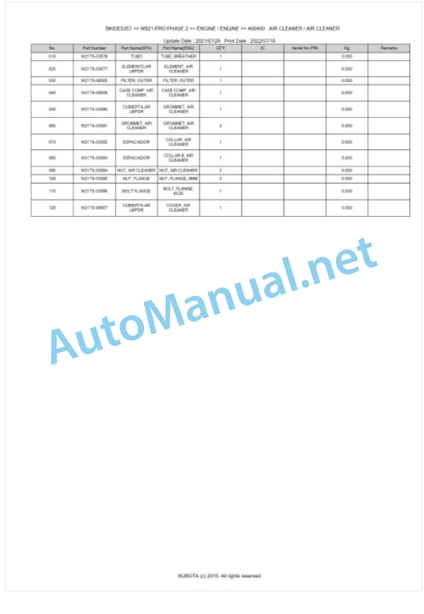 Kubota W821-PRO PHASE 2 Parts Manual PDF BKIDE5357-2