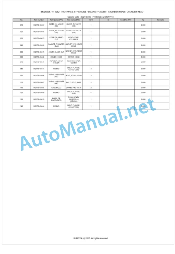 Kubota W821-PRO PHASE 2 Parts Manual PDF BKIDE5357-3