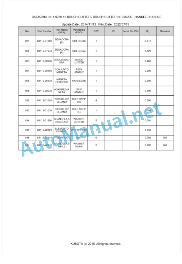 Kubota XN760 Parts Manual PDF BKIDK0564-2