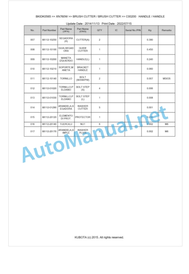 Kubota XN760W Parts Manual PDF BKIDK0565-2