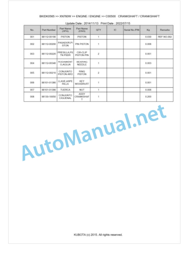 Kubota XN760W Parts Manual PDF BKIDK0565-3