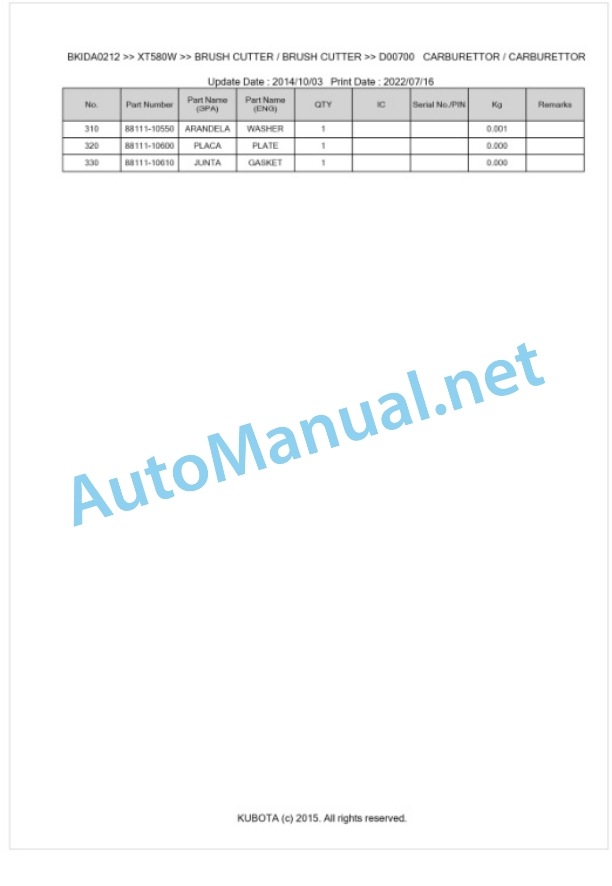 Kubota XT580W Parts Manual PDF BKIDA0212-4