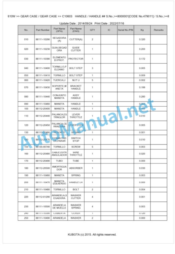 Kubota XT610W Parts Manual PDF BKIDA0073-3