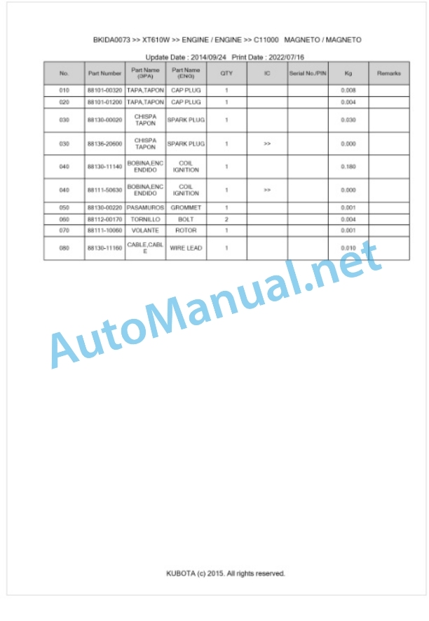 Kubota XT610W Parts Manual PDF BKIDA0073-4