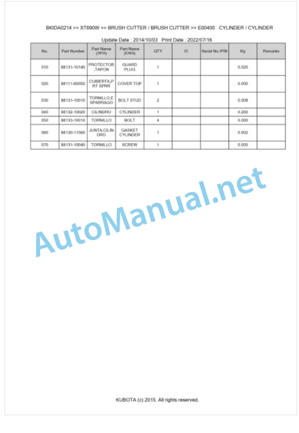 Kubota XT690W Parts Manual PDF BKIDA0214-2