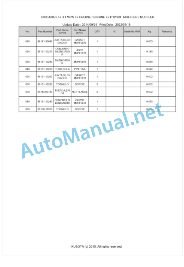 Kubota XT760W Parts Manual PDF BKIDA0075-5