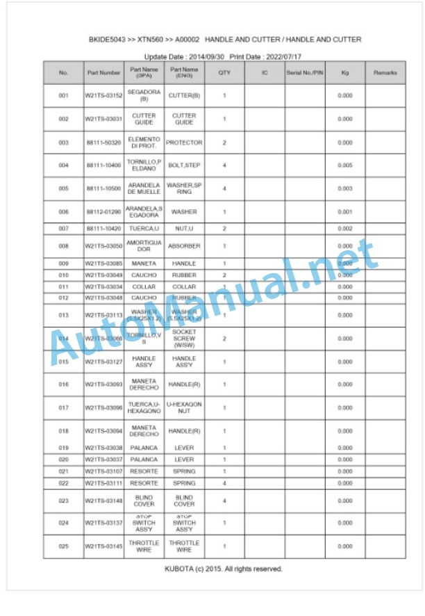 Kubota XTN560 Parts Manual PDF BKIDE5043-2