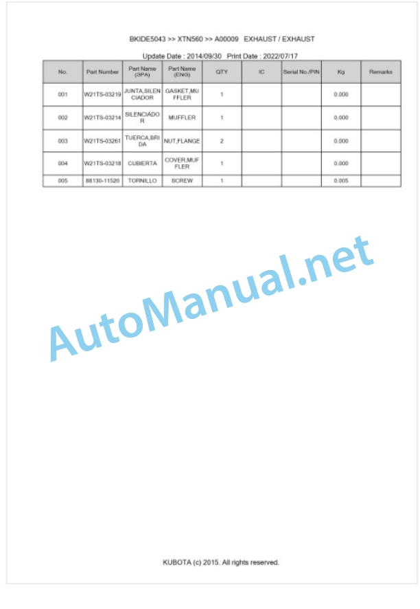 Kubota XTN560 Parts Manual PDF BKIDE5043-5