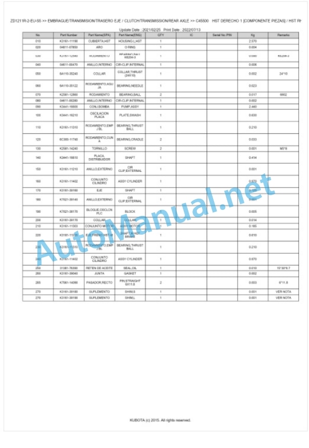 Kubota ZD1211R-2-EU-S5 Parts Manual PDF BKIDA5204-4