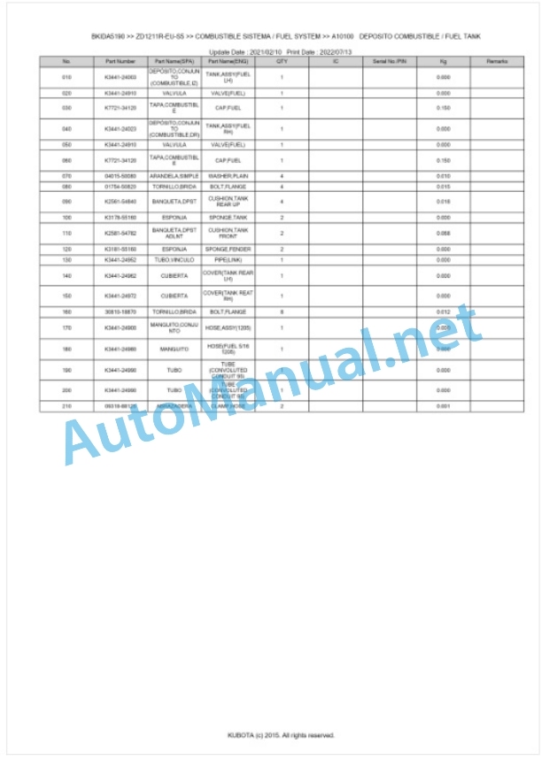 Kubota ZD1211R-EU-S5 Parts Manual PDF BKIDA5190-3