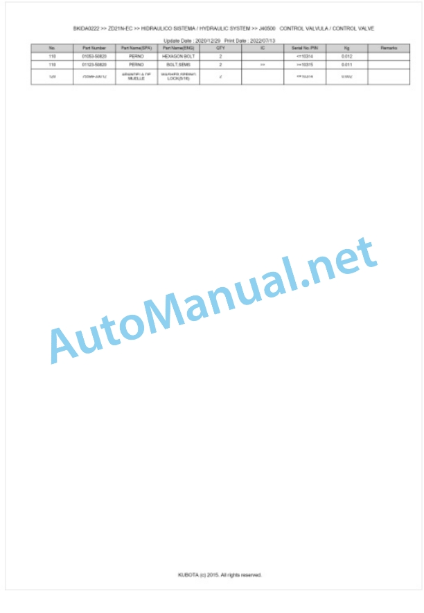 Kubota ZD21N-EC Parts Manual PDF BKIDA0222-5