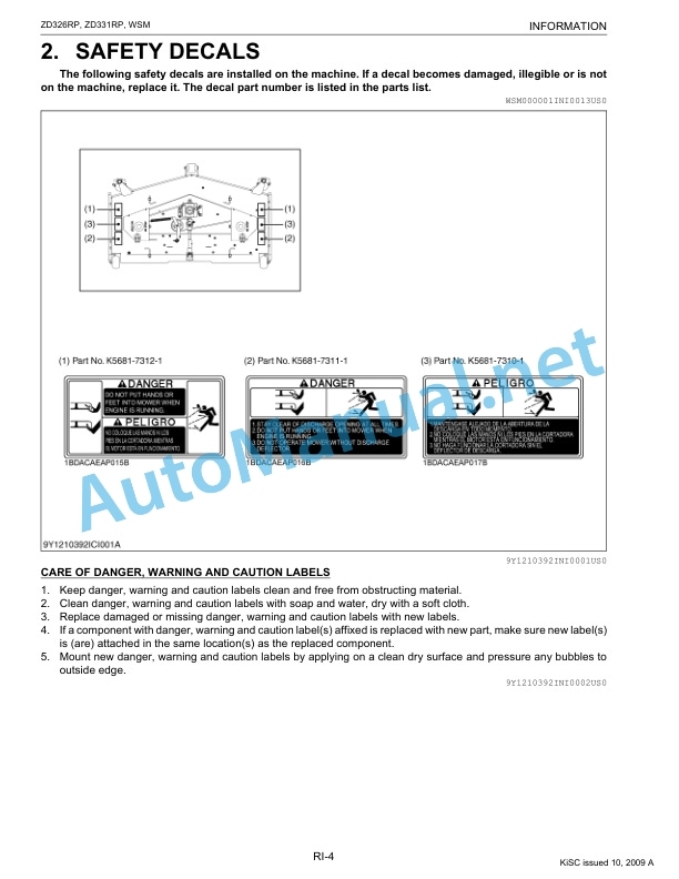 Kubota ZD326RP, ZD331RP Supplement Zero Turn Mower Workshop Manual PDF EN-2