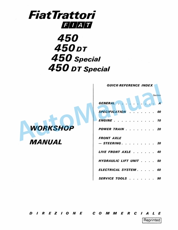 Fiatagri 450, 450DT, 450 Special, 450DT Special Tractor Workshop Manual 06910056