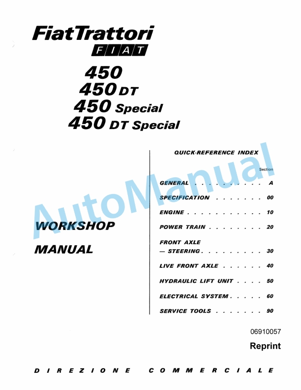 Fiatagri 450, 450DT, 450 Special, 450DT Special Tractor Workshop Manual 06910057