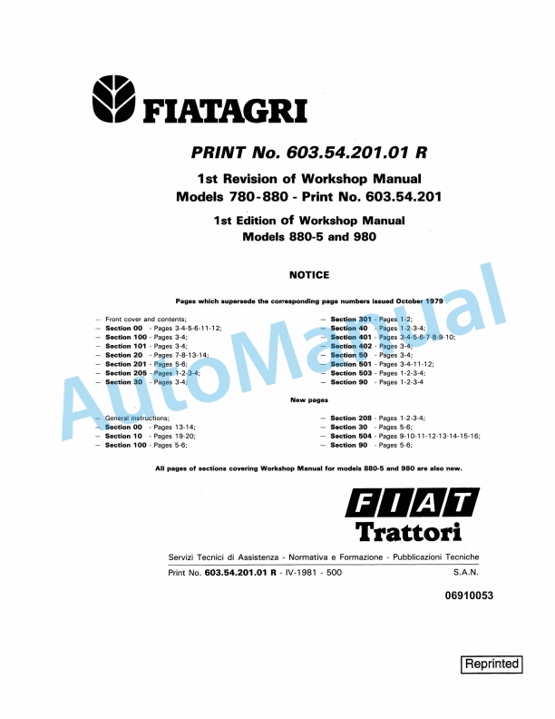 Fiatagri 780, 880 Tractor Workshop Manual 06910053