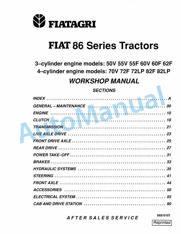 Fiatagri 86 Series Tractor Workshop Manual 06910107