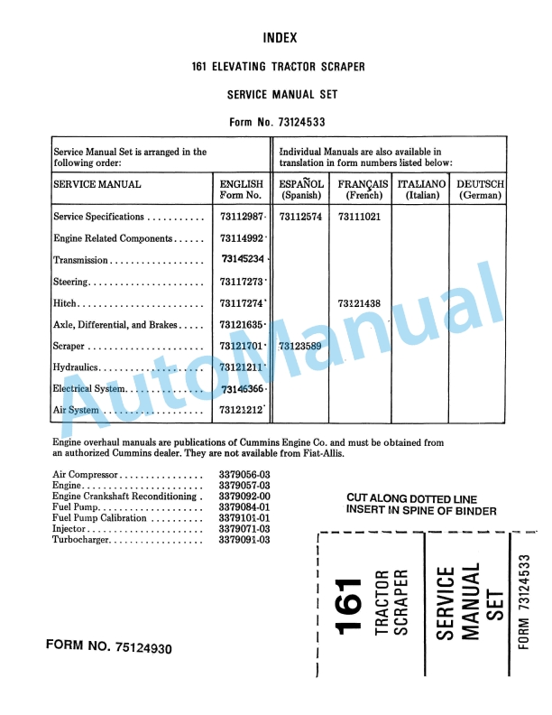 Fiatallis 161 Elevating Tractor Scraper Service Manual 73124533