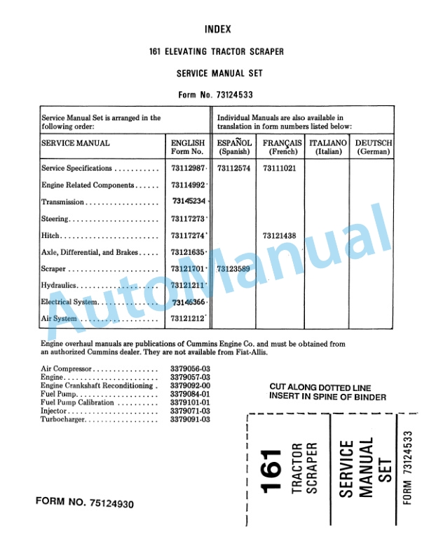 Fiatallis 161 Elevating Tractor Scraper Service Manual 73124533-4