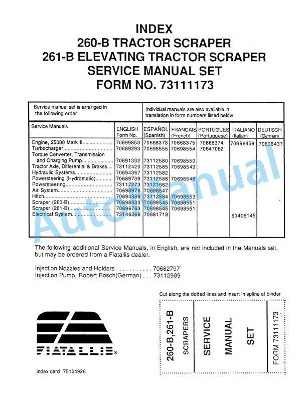 Fiatallis 260B Tractor Scraper - 261B Elevating Tractor Scraper Service Manual 73111173