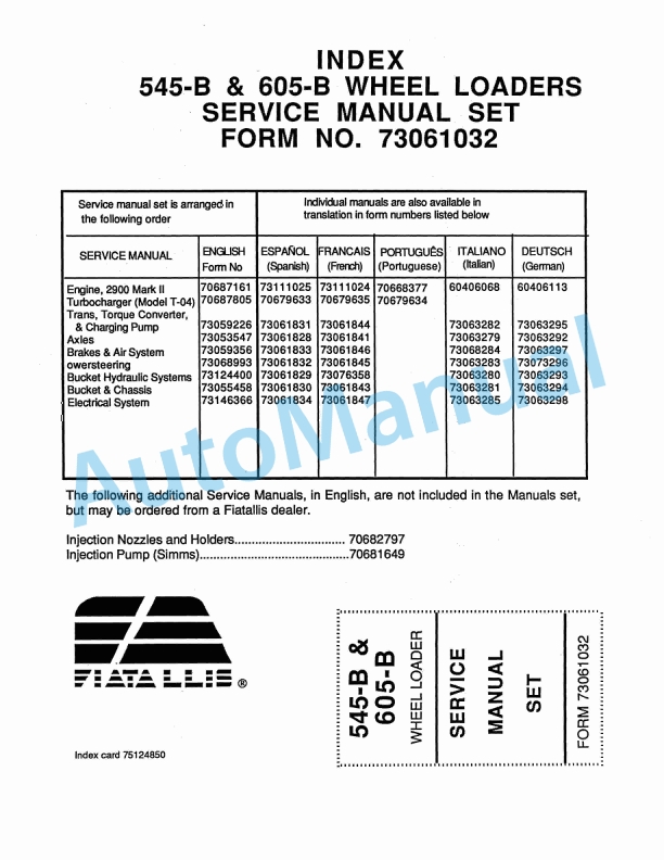 Fiatallis 545B, 605B Wheel Loader Service Manual 73061032