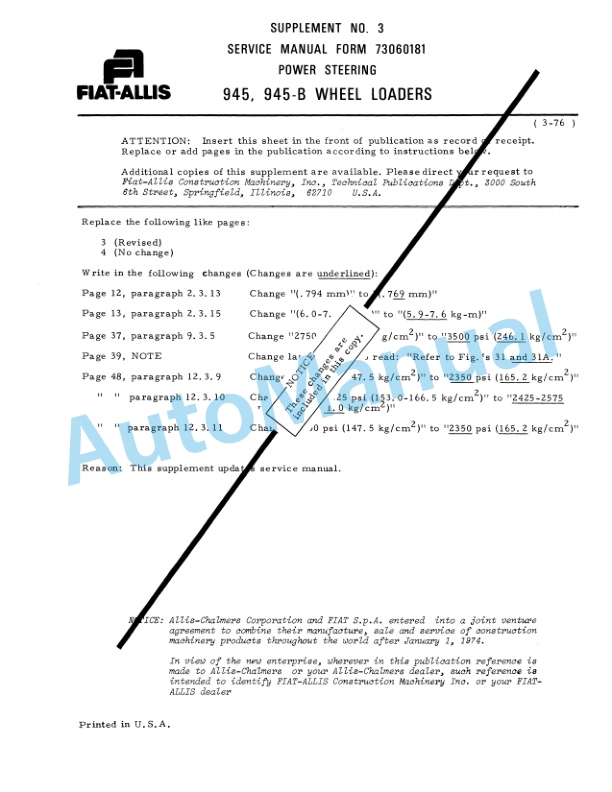 Alternative view of Fiatallis 945, 945B Wheel Loader Service Manual 73060181