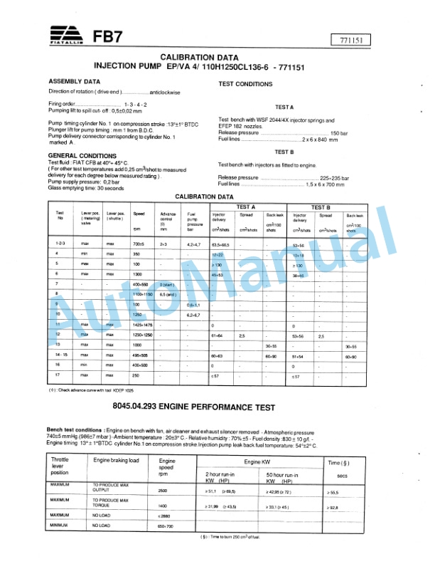 Fiatallis Calibration Data Fuel Injection Pump Service Manual 60407047-2