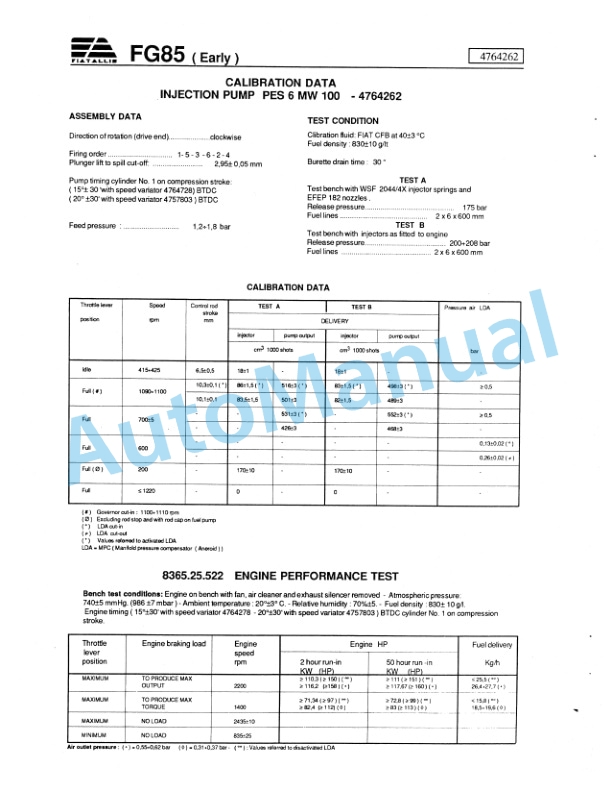 Fiatallis Calibration Data Fuel Injection Pump Service Manual 60407047-3