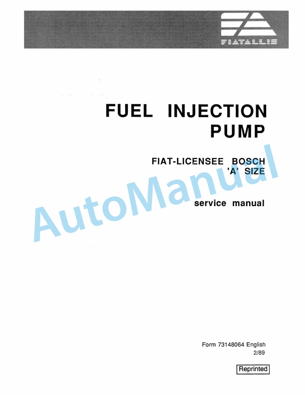 Fiatallis Fuel Injection Pump Service Manual 73148064