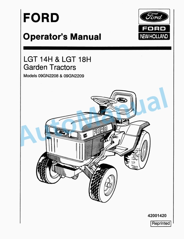Ford New Holland 09GN2208 LGT 14H, 09GN2209 LGT 18H Garden Tractor Operation and Maintenance Manual 42001420
