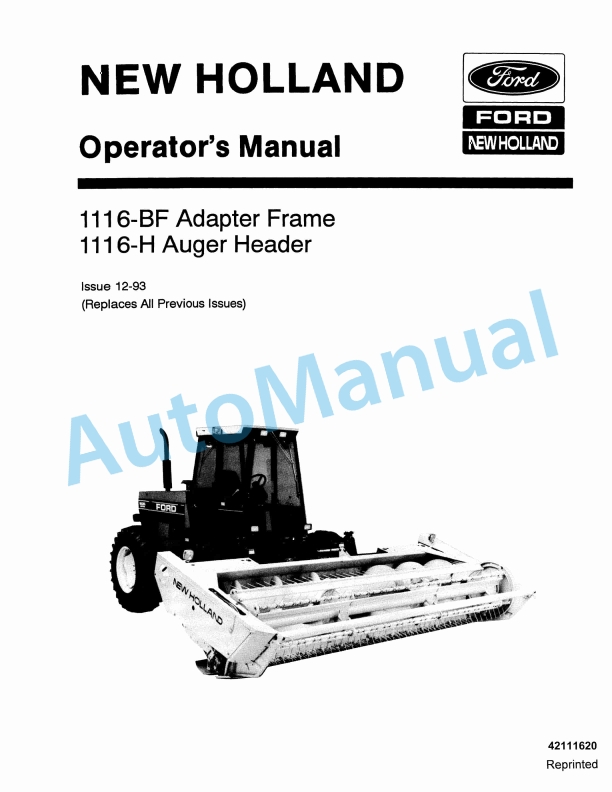 Ford New Holland 1116BF Adapter Frame, 1116H Auger Header Operation and Maintenance Manual 42111620