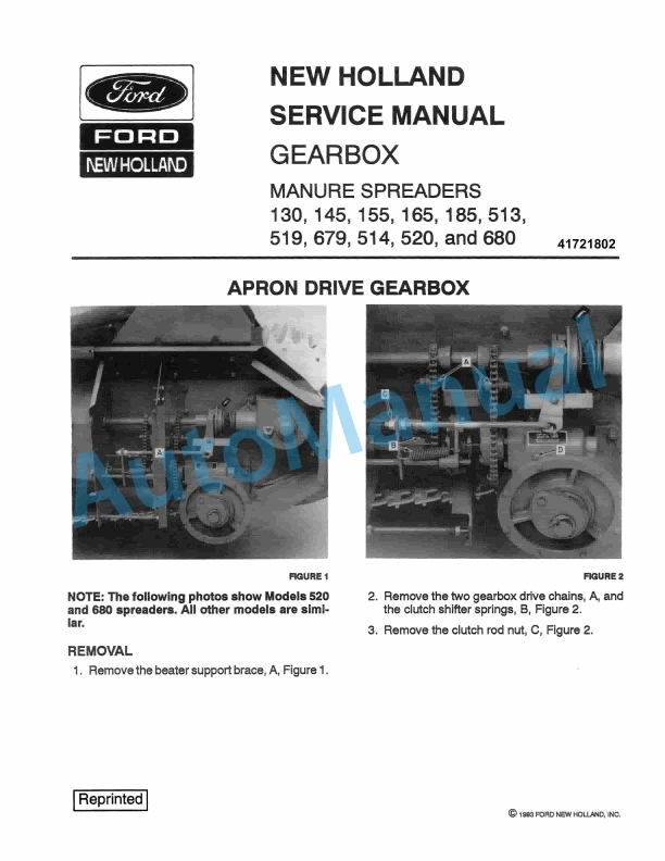 Ford New Holland 130, 145, 155, 165, 185, 513, 519, 679, 514, 520, 680 Manure Spreader Service Manual 41721802