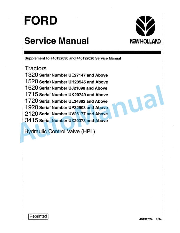 Ford New Holland 1320, 1520, 1620, 1715, 1720, 1920, 2120, 3415 Hydraulic Control Valve Tractor Service Manual 40132024
