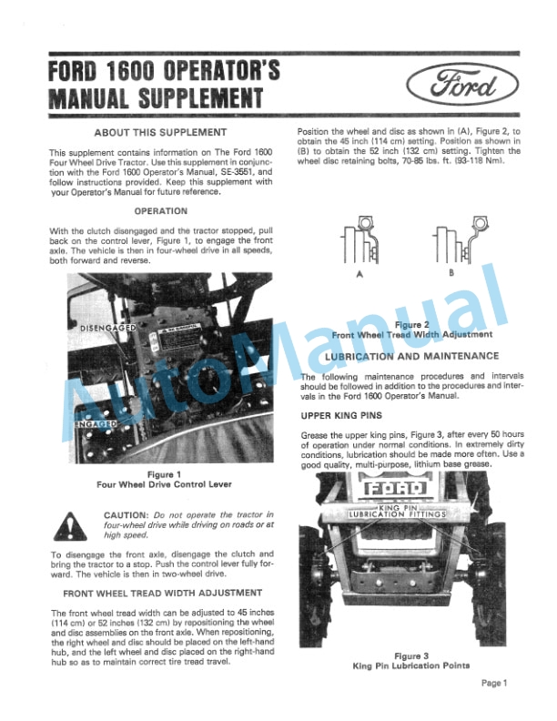 Ford New Holland 1600 Tractor Operation and Maintenance Manual 42160011 2 Ford New Holland 1600 Tractor Operation and Maintenance Manual 42160011-2