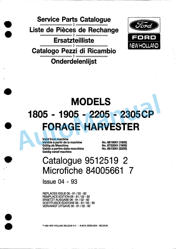 Ford New Holland 1805, 1905, 2205, 2305CP Forage Harvester Service Parts Catalogue 9512519
